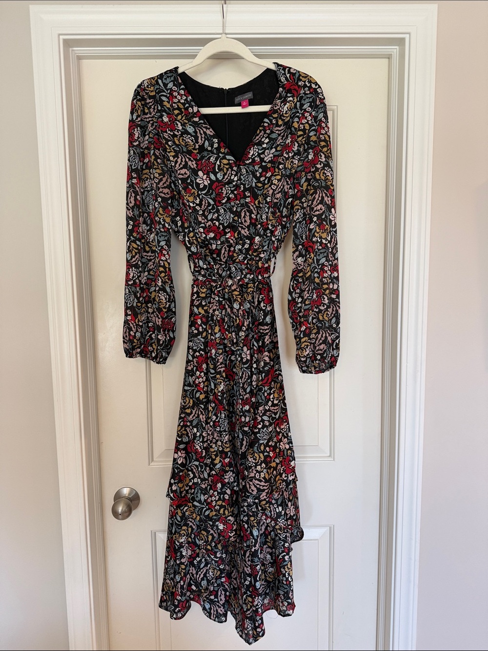 Vince Camuto V-neck Floral Long Sleeve Wrap Dress - Black with Red & Multicolor